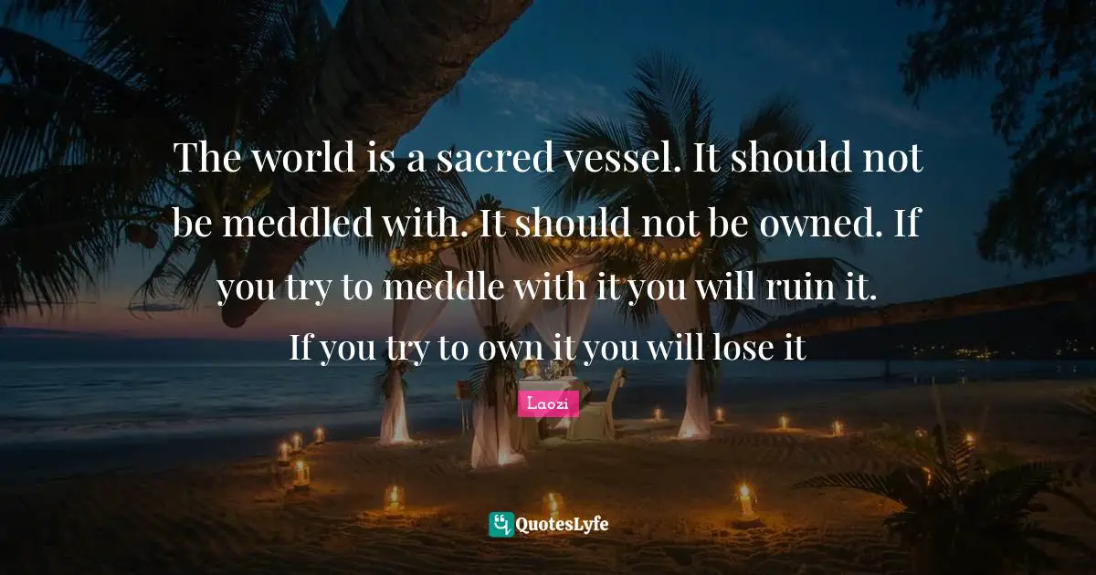 The world is a sacred vessel. It should not be meddled with. It should not be owned. If you try to meddle with it you will ruin it. If you try to own it you will lose it