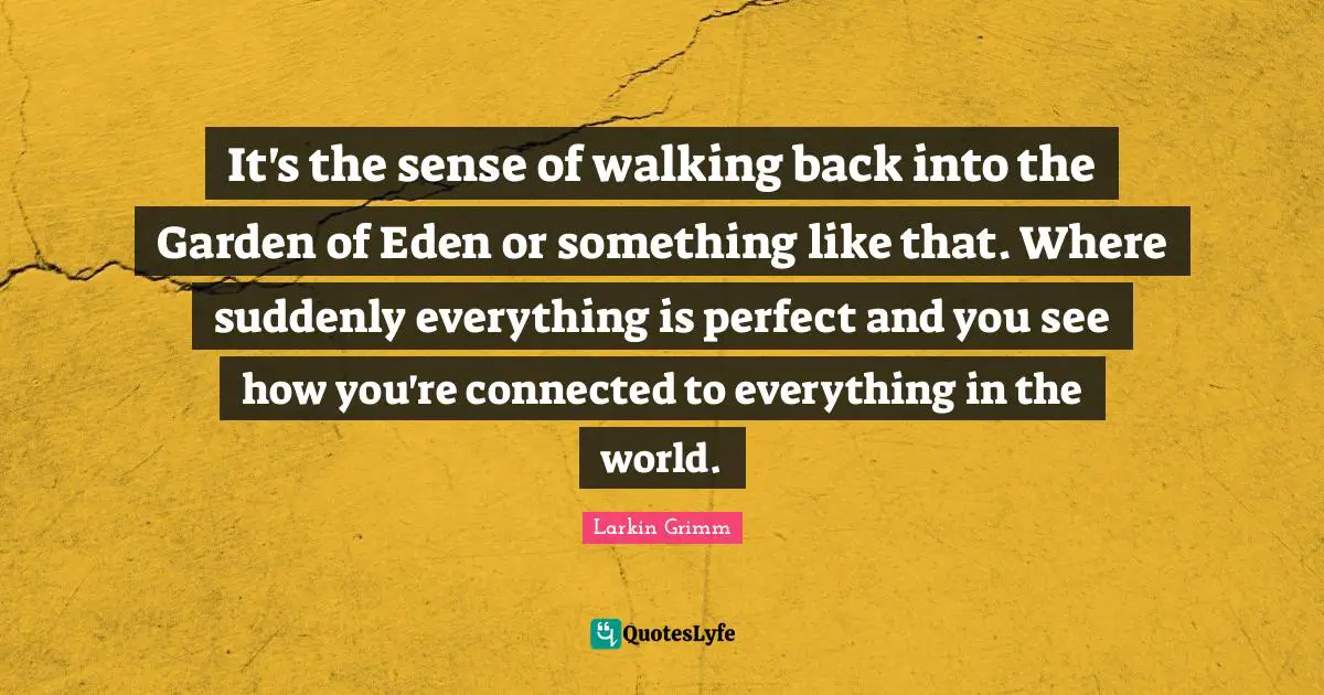 It's the sense of walking back into the Garden of Eden or something like that. Where suddenly everything is perfect and you see how you're connected to everything in the world.