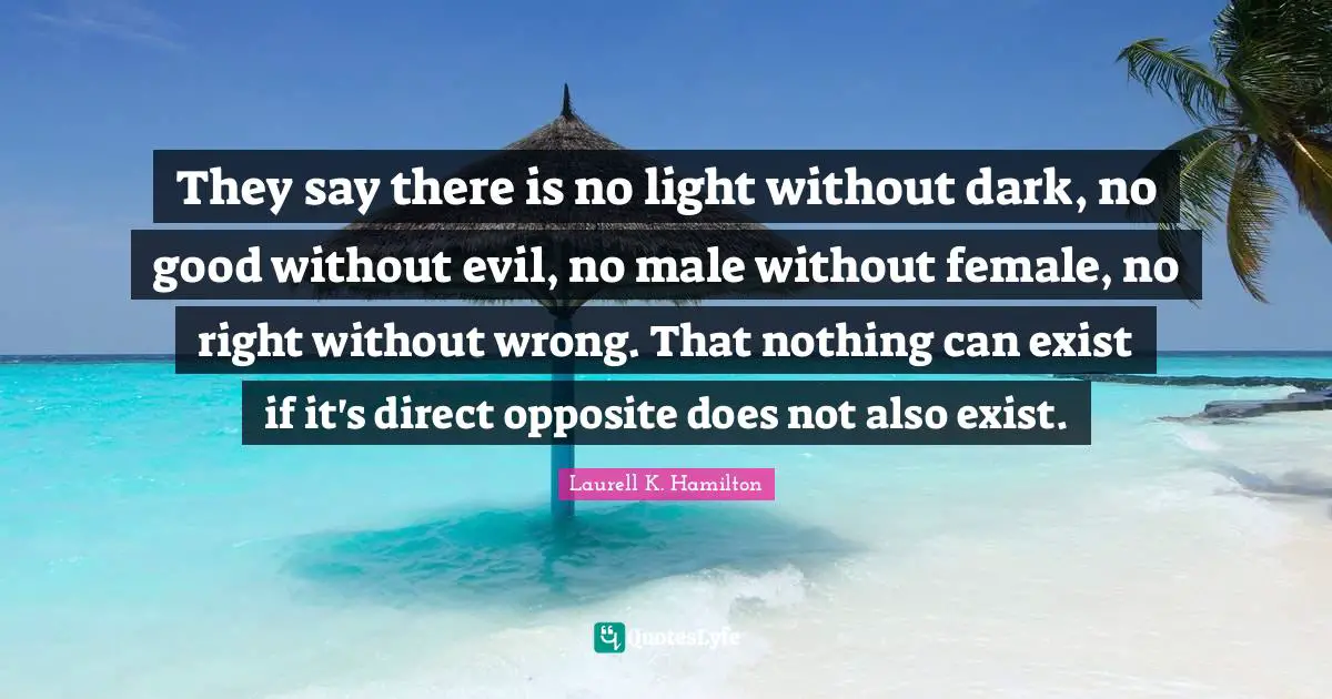 They say there is no light without dark, no good without evil, no male without female, no right without wrong. That nothing can exist if it's direct opposite does not also exist.