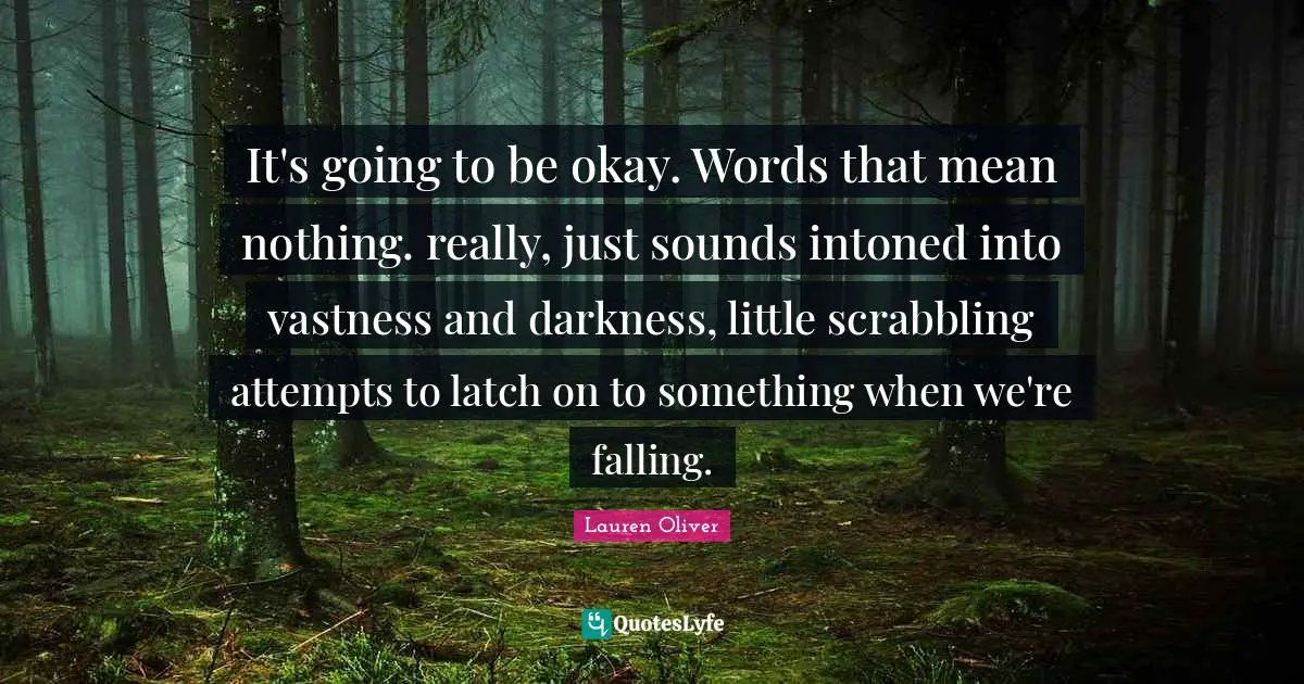 It's going to be okay. Words that mean nothing. really, just sounds intoned into vastness and darkness, little scrabbling attempts to latch on to something when we're falling.