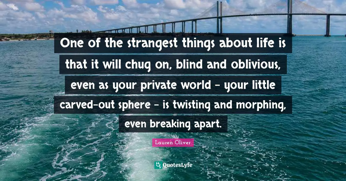 One of the strangest things about life is that it will chug on, blind and oblivious, even as your private world - your little carved-out sphere - is twisting and morphing, even breaking apart.