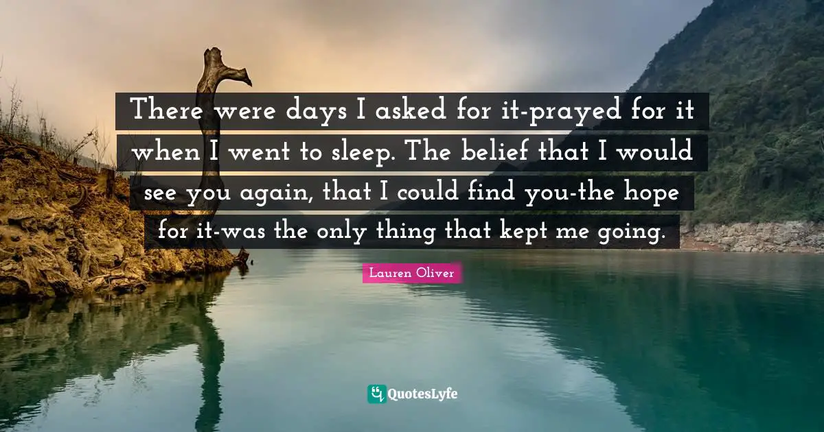 There were days I asked for it-prayed for it when I went to sleep. The belief that I would see you again, that I could find you-the hope for it-was the only thing that kept me going.