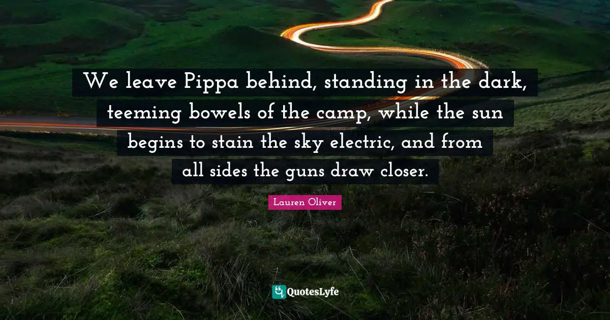 We leave Pippa behind, standing in the dark, teeming bowels of the camp, while the sun begins to stain the sky electric, and from all sides the guns draw closer.