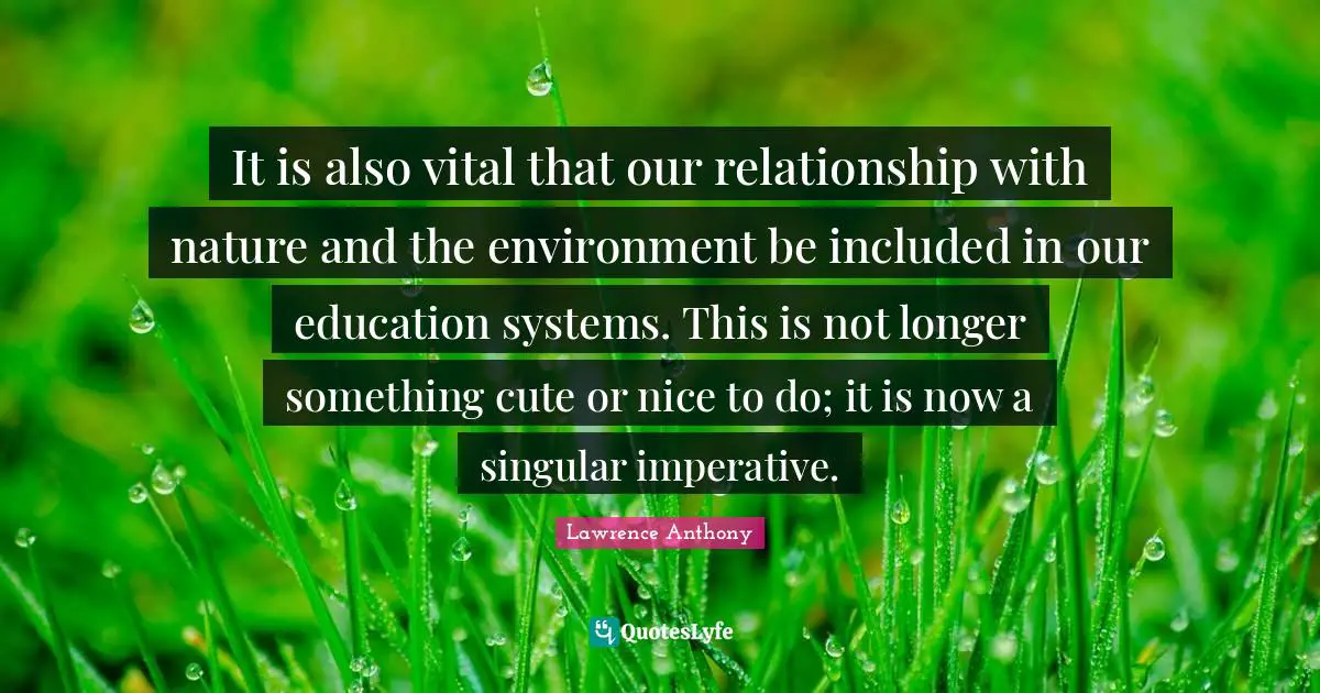 It is also vital that our relationship with nature and the environment be included in our education systems. This is not longer something cute or nice to do; it is now a singular imperative.
