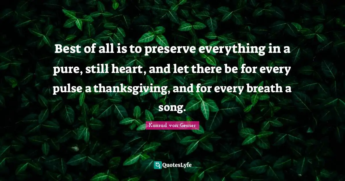 Best of all is to preserve everything in a pure, still heart, and let there be for every pulse a thanksgiving, and for every breath a song.