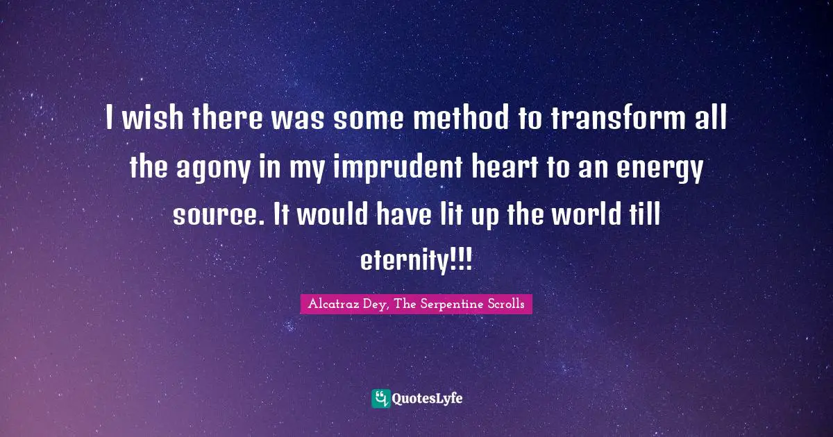 I wish there was some method to transform all the agony in my imprudent heart to an energy source. It would have lit up the world till eternity!!!