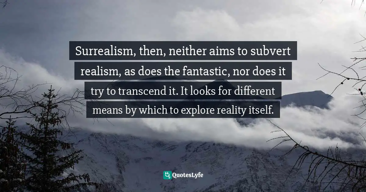 Surrealism, then, neither aims to subvert realism, as does the fantastic, nor does it try to transcend it. It looks for different means by which to explore reality itself.