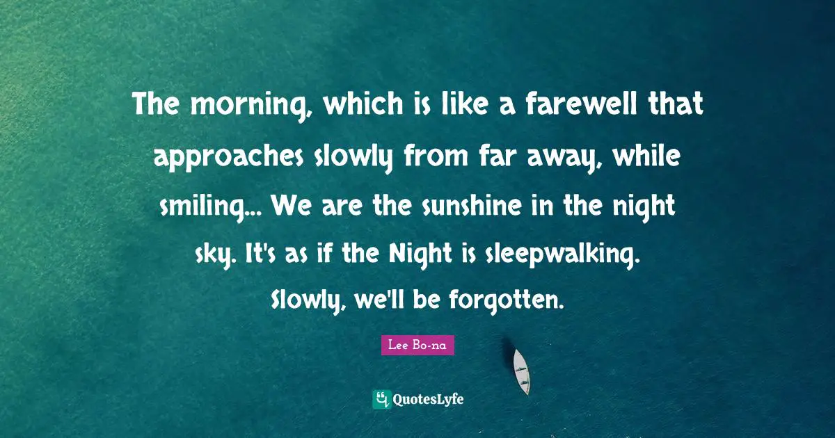 The morning, which is like a farewell that approaches slowly from far away, while smiling... We are the sunshine in the night sky. It's as if the Night is sleepwalking. Slowly, we'll be forgotten.