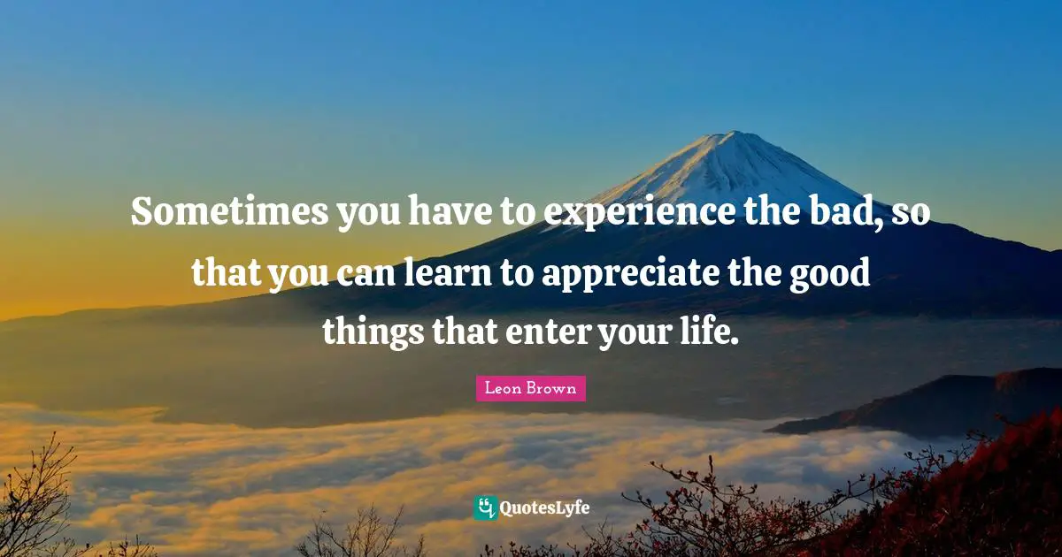 Leon Brown Quotes: "Sometimes you have to experience the bad, so that you can learn to appreciate the good things that enter your life."