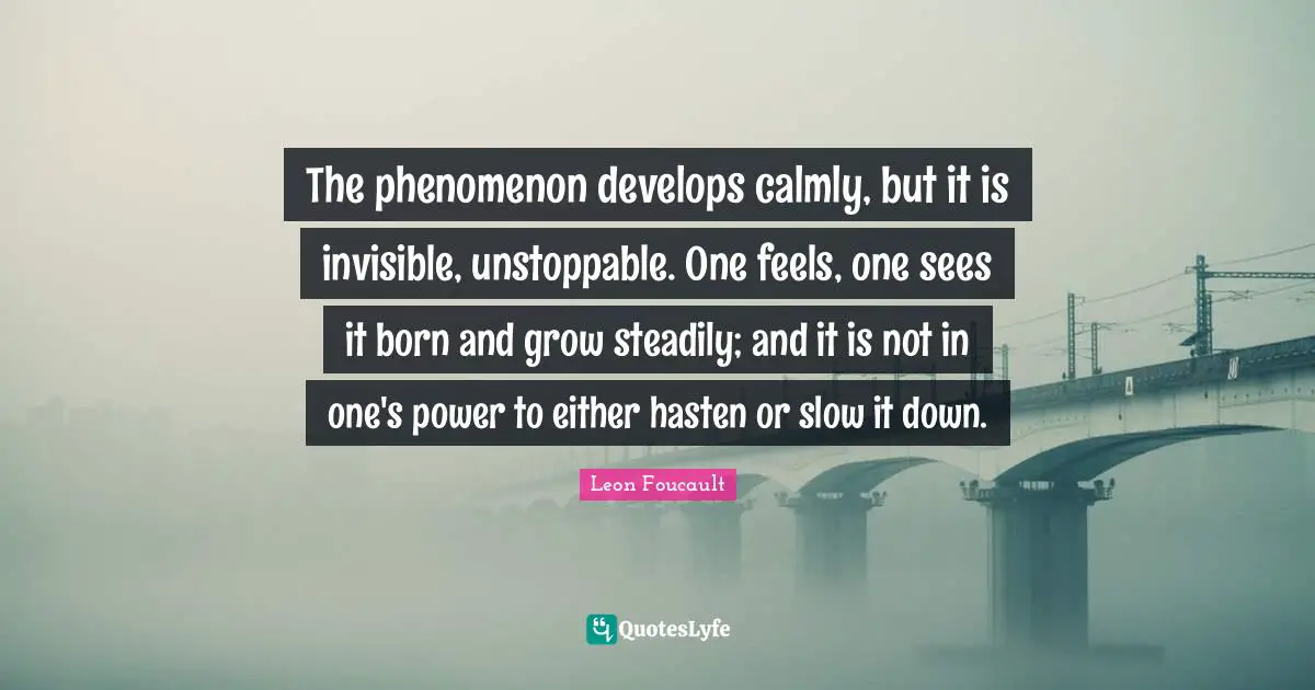 The phenomenon develops calmly, but it is invisible, unstoppable. One feels, one sees it born and grow steadily; and it is not in one's power to either hasten or slow it down.