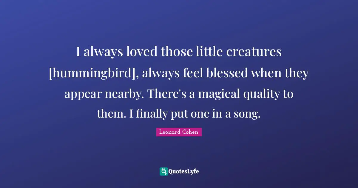 Leonard Cohen Quotes: "I always loved those little creatures [hummingbird], always feel blessed when they appear nearby. There's a magical quality to them. I finally put one in a song."
