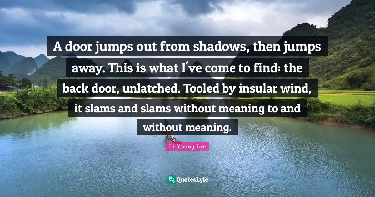 A door jumps out from shadows, then jumps away. This is what I've come to find: the back door, unlatched. Tooled by insular wind, it slams and slams without meaning to and without meaning.