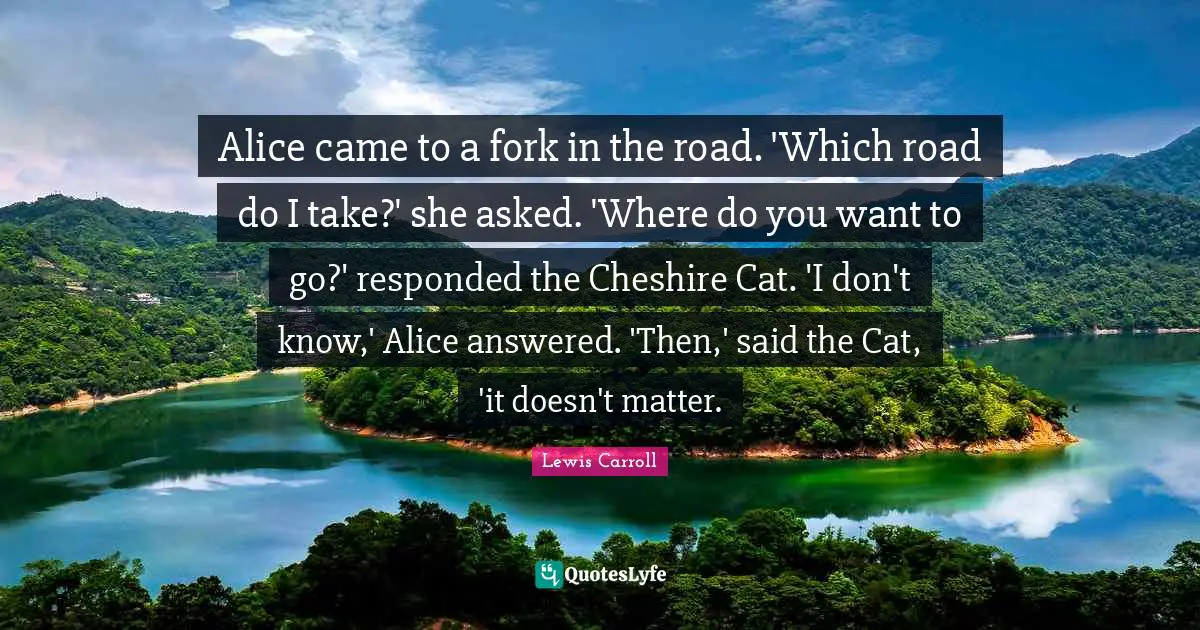 Alice came to a fork in the road. 'Which road do I take?' she asked. 'Where do you want to go?' responded the Cheshire Cat. 'I don't know,' Alice answered. 'Then,' said the Cat, 'it doesn't matter.