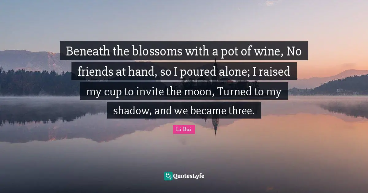 Beneath the blossoms with a pot of wine, No friends at hand, so I poured alone; I raised my cup to invite the moon, Turned to my shadow, and we became three.