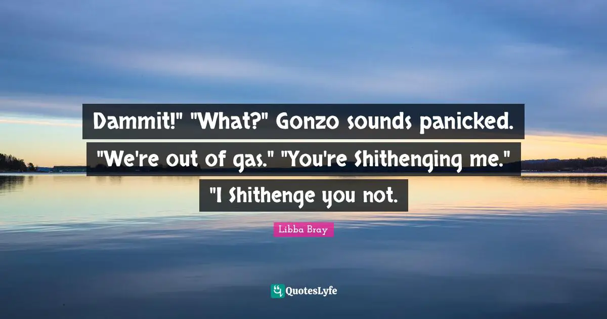Dammit!" "What?" Gonzo sounds panicked. "We're out of gas." "You're Shithenging me." "I Shithenge you not.