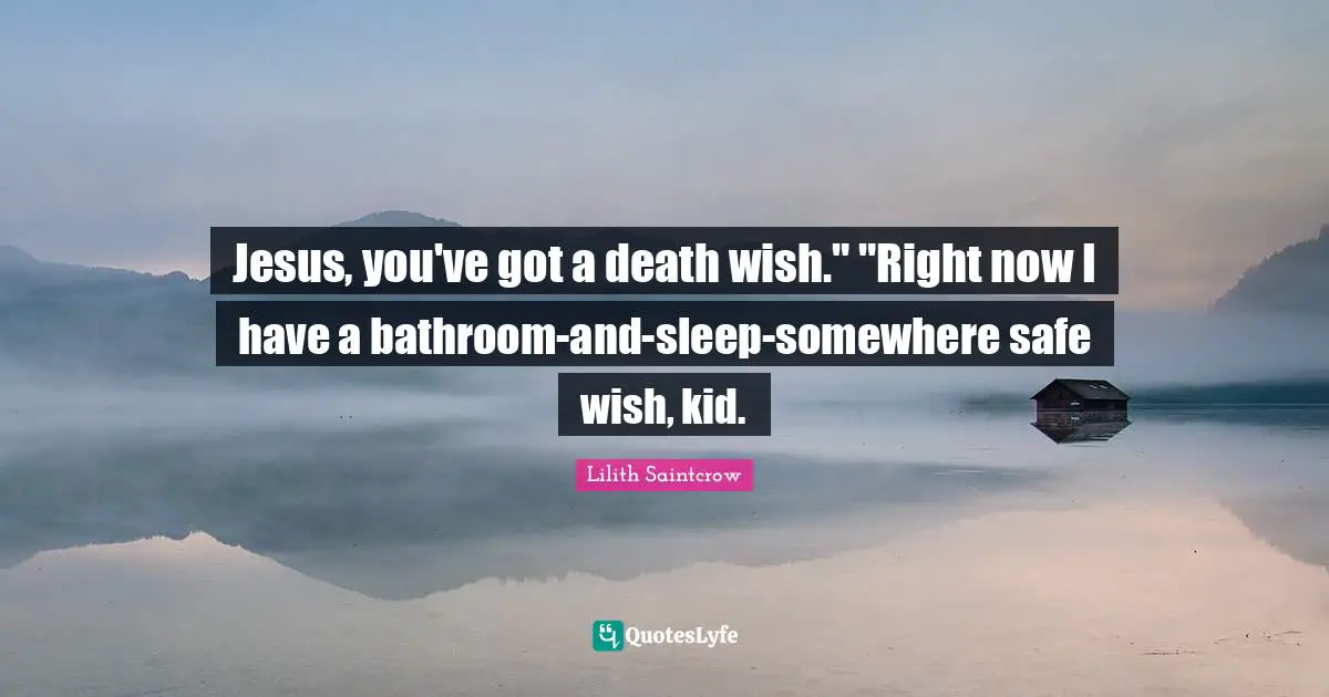 Jesus, you've got a death wish." "Right now I have a bathroom-and-sleep-somewhere safe wish, kid.