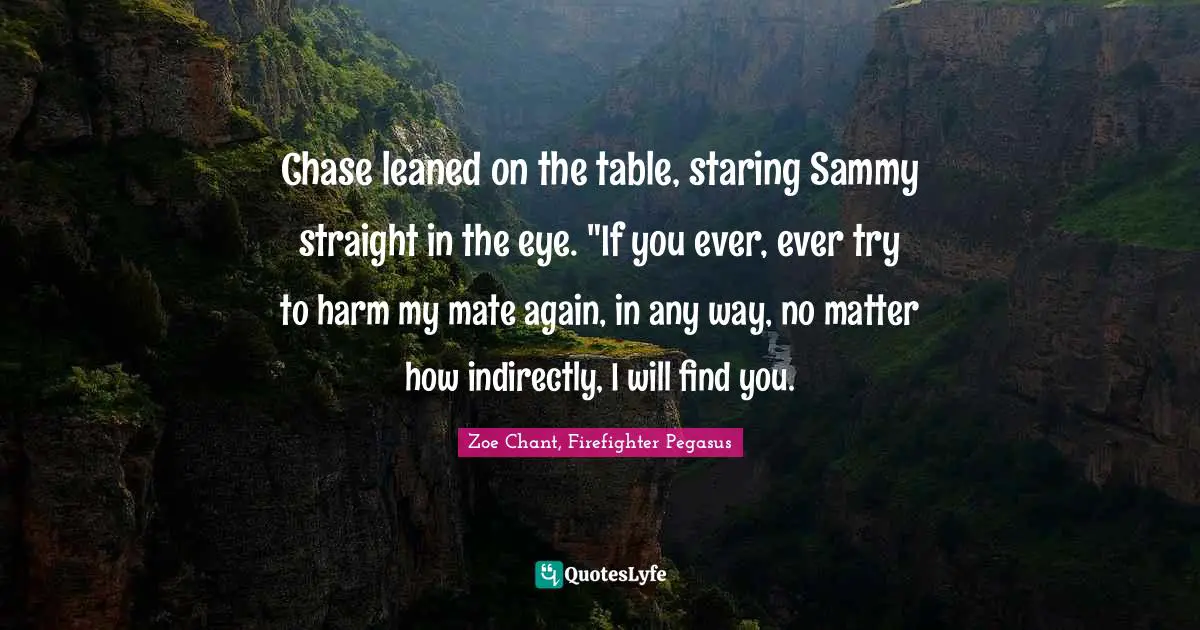 Chase leaned on the table, staring Sammy straight in the eye. "If you ever, ever try to harm my mate again, in any way, no matter how indirectly, I will find you.