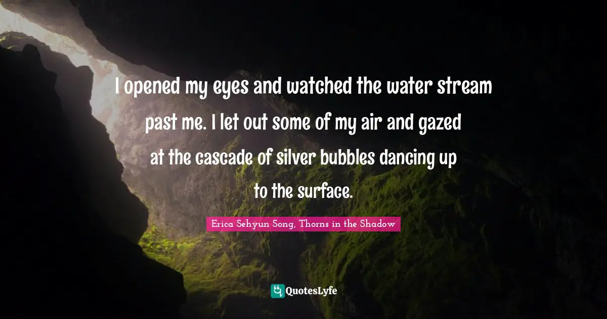 Erica Sehyun Song, Thorns In The Shadow Quotes: "I opened my eyes and watched the water stream past me. I let out some of my air and gazed at the cascade of silver bubbles dancing up to the surface."