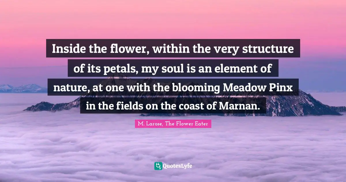 Inside the flower, within the very structure of its petals, my soul is an element of nature, at one with the blooming Meadow Pinx in the fields on the coast of Marnan.