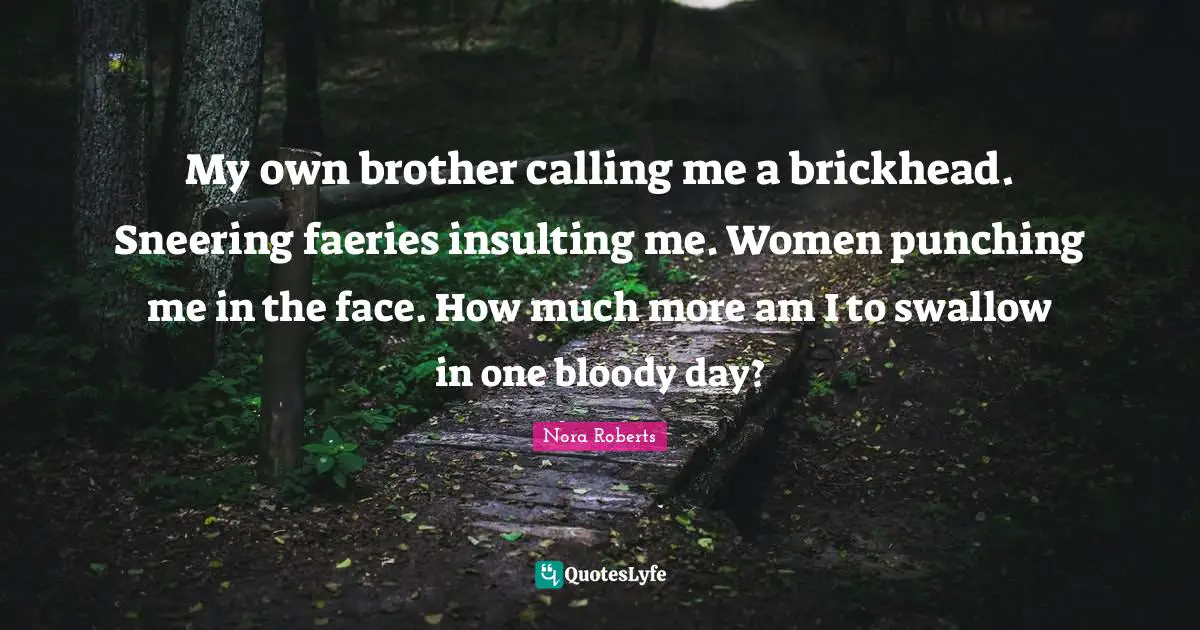 My own brother calling me a brickhead. Sneering faeries insulting me. Women punching me in the face. How much more am I to swallow in one bloody day?