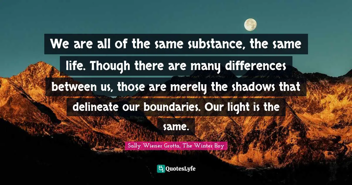 We are all of the same substance, the same life. Though there are many differences between us, those are merely the shadows that delineate our boundaries. Our light is the same.