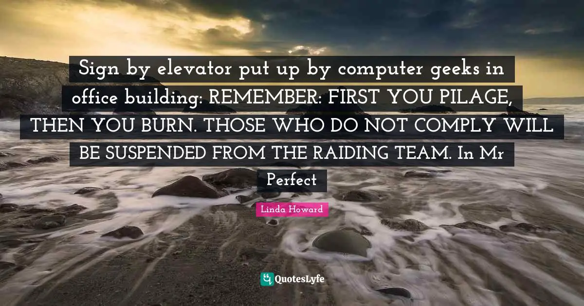 Team Building Quotes: "Sign by elevator put up by computer geeks in office building: REMEMBER: FIRST YOU PILAGE, THEN YOU BURN. THOSE WHO DO NOT COMPLY WILL BE SUSPENDED FROM THE RAIDING TEAM. In Mr Perfect"