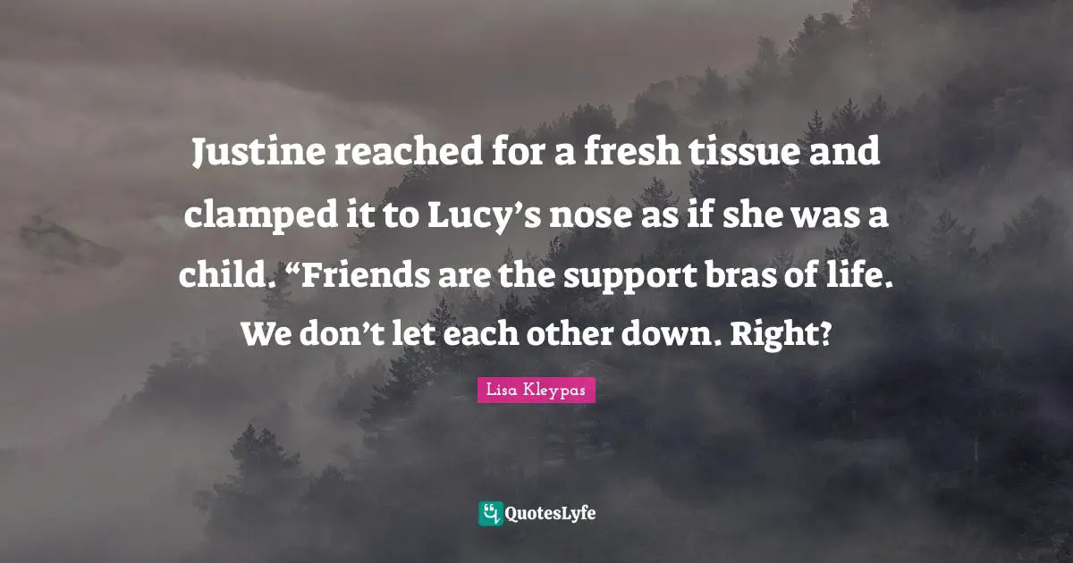 Justine reached for a fresh tissue and clamped it to Lucy’s nose as if she was a child. “Friends are the support bras of life. We don’t let each other down. Right?