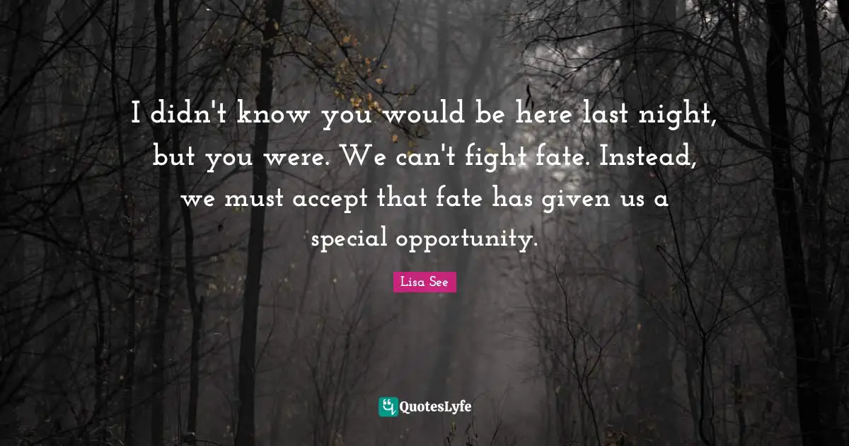 I didn't know you would be here last night, but you were. We can't fight fate. Instead, we must accept that fate has given us a special opportunity.