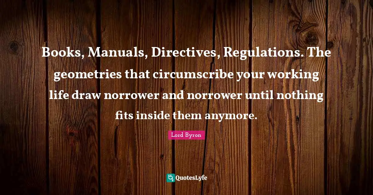 Books, Manuals, Directives, Regulations. The geometries that circumscribe your working life draw norrower and norrower until nothing fits inside them anymore.