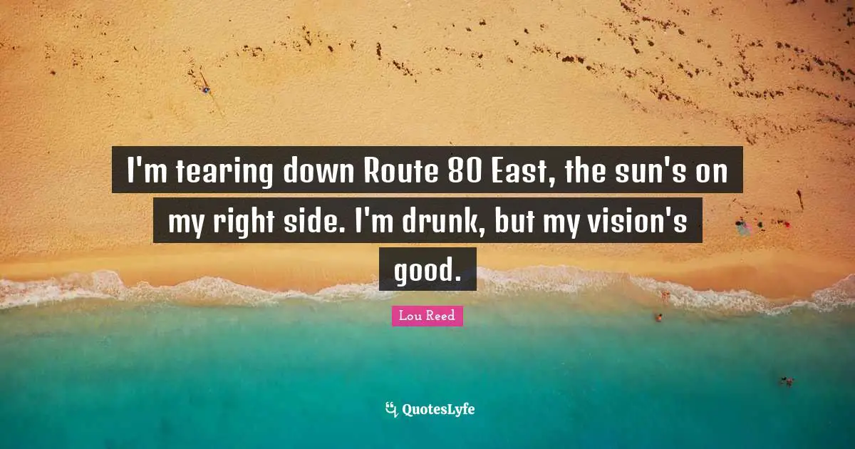 I'm tearing down Route 80 East, the sun's on my right side. I'm drunk, but my vision's good.