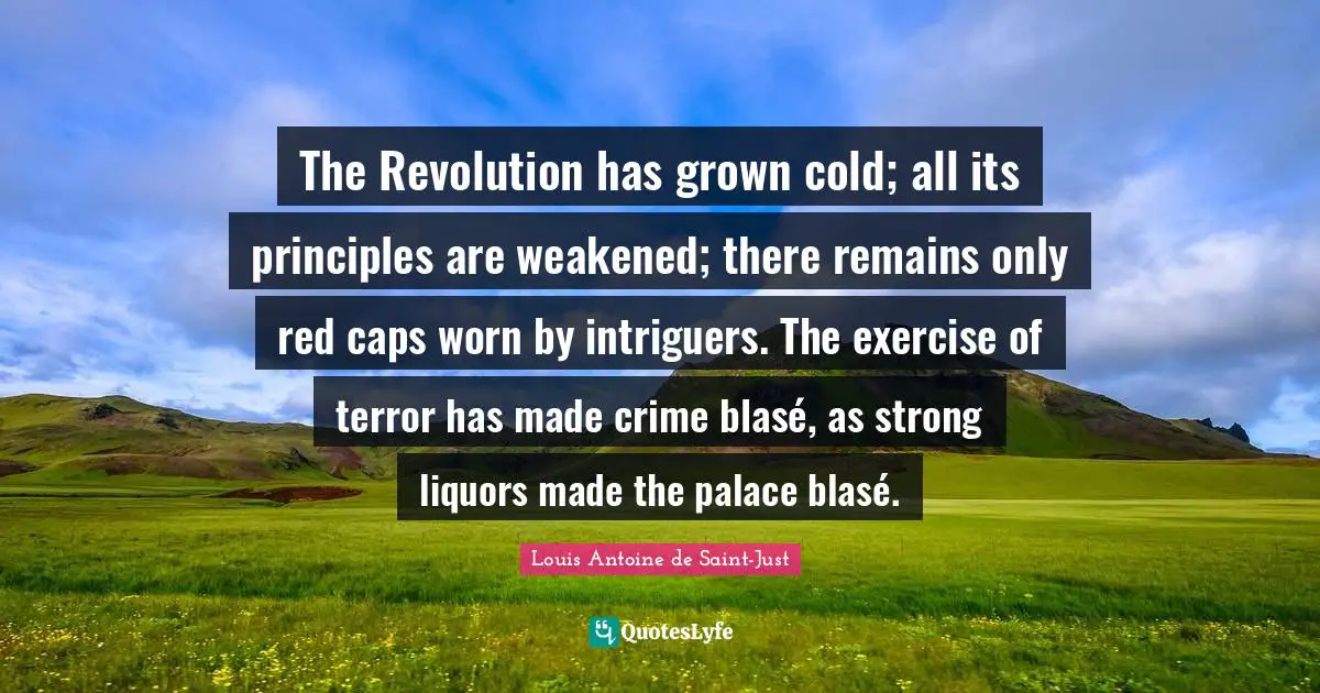 The Revolution has grown cold; all its principles are weakened; there remains only red caps worn by intriguers. The exercise of terror has made crime blasé, as strong liquors made the palace blasé.