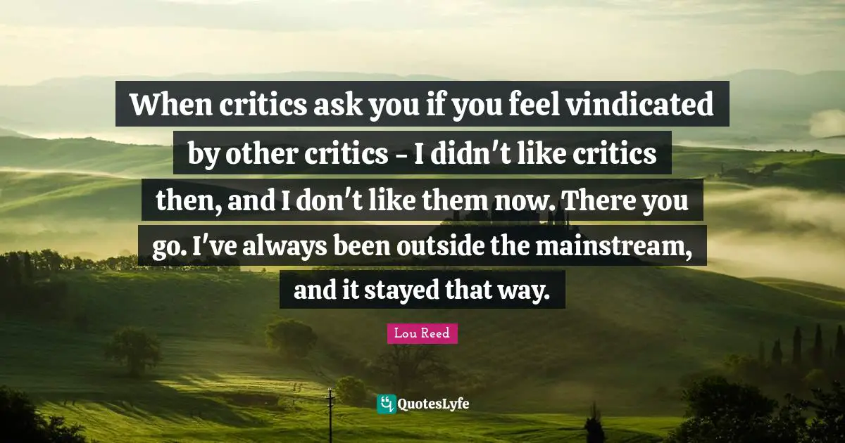 When critics ask you if you feel vindicated by other critics - I didn't like critics then, and I don't like them now. There you go. I've always been outside the mainstream, and it stayed that way.