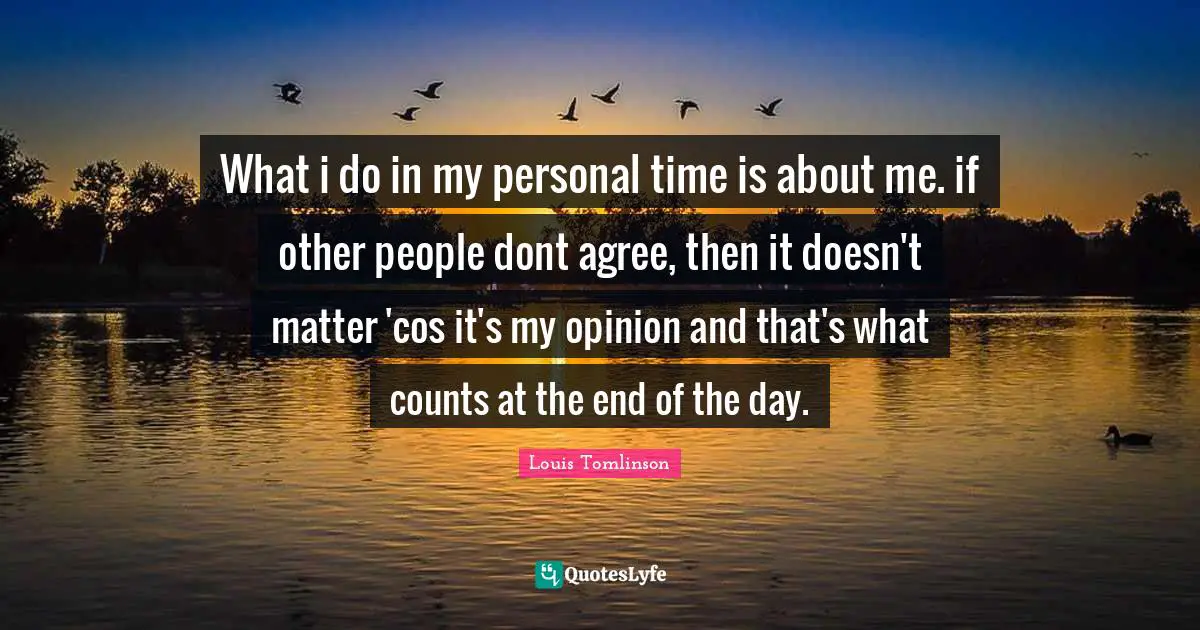 Louis Tomlinson Quotes: "What i do in my personal time is about me. if other people dont agree, then it doesn't matter 'cos it's my opinion and that's what counts at the end of the day."