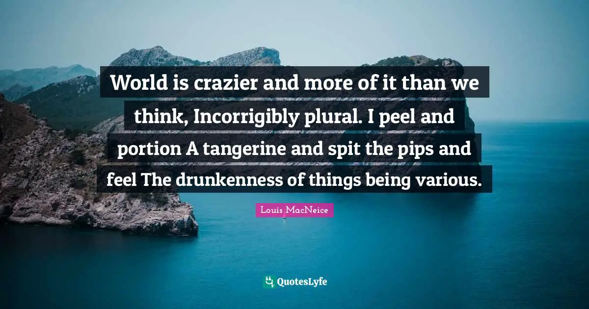 World is crazier and more of it than we think, Incorrigibly plural. I peel and portion A tangerine and spit the pips and feel The drunkenness of things being various.