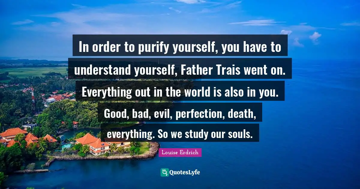 In order to purify yourself, you have to understand yourself, Father Trais went on. Everything out in the world is also in you. Good, bad, evil, perfection, death, everything. So we study our souls.