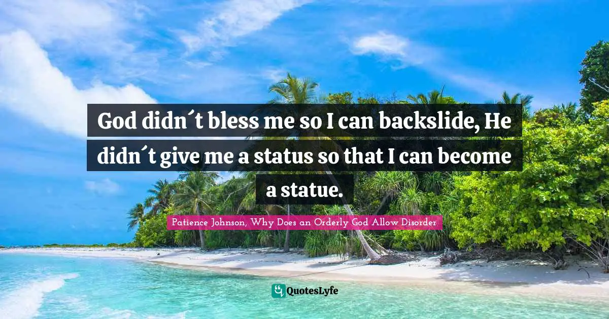 Patience Johnson, Why Does An Orderly God Allow Disorder Quotes: "God didn´t bless me so I can backslide, He didn´t give me a status so that I can become a statue."