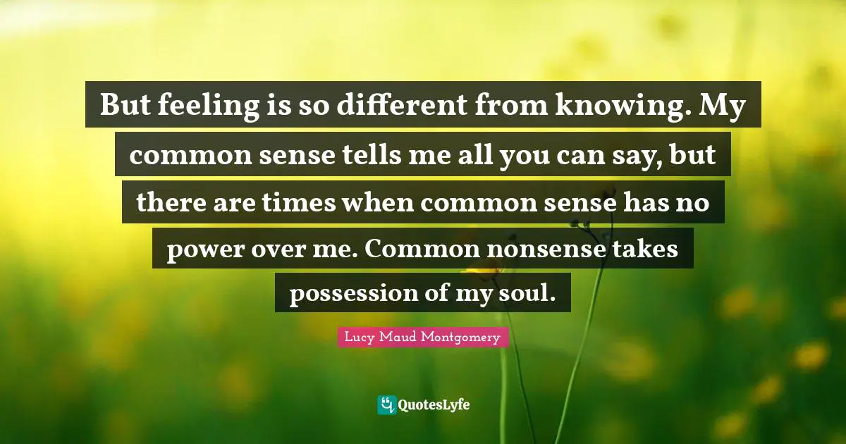 But feeling is so different from knowing. My common sense tells me all you can say, but there are times when common sense has no power over me. Common nonsense takes possession of my soul.