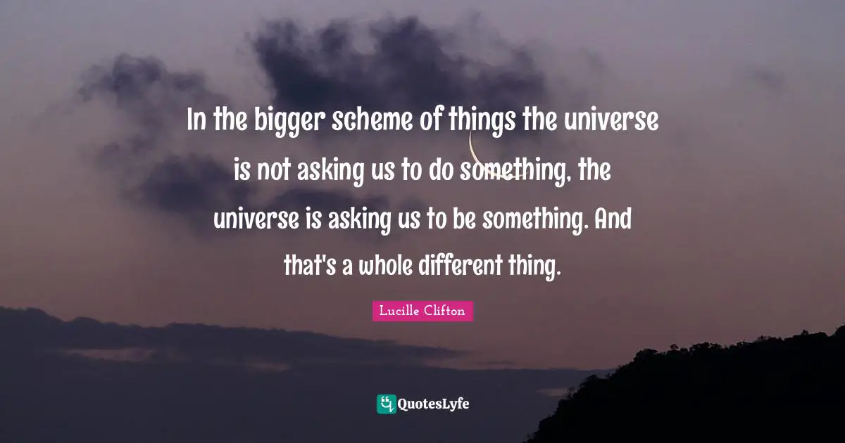 Bigger Quotes: "In the bigger scheme of things the universe is not asking us to do something, the universe is asking us to be something. And that's a whole different thing."