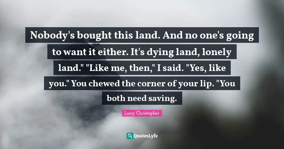 Nobody's bought this land. And no one's going to want it either. It's dying land, lonely land." "Like me, then," I said. "Yes, like you." You chewed the corner of your lip. "You both need saving.