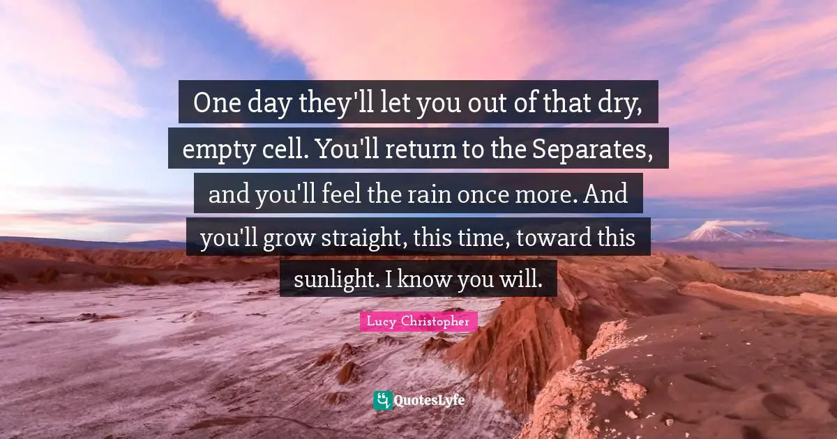 One day they'll let you out of that dry, empty cell. You'll return to the Separates, and you'll feel the rain once more. And you'll grow straight, this time, toward this sunlight. I know you will.