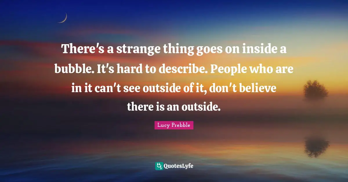 There's a strange thing goes on inside a bubble. It's hard to describe. People who are in it can't see outside of it, don't believe there is an outside.