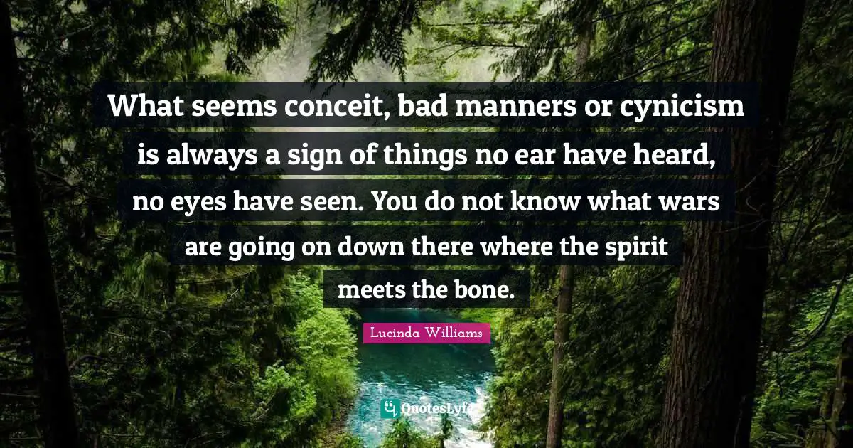 What seems conceit, bad manners or cynicism is always a sign of things no ear have heard, no eyes have seen. You do not know what wars are going on down there where the spirit meets the bone.
