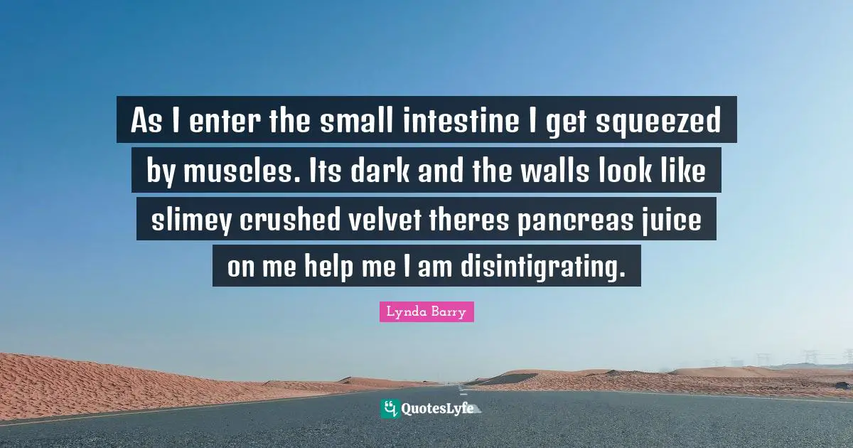 Pancreas Quotes: "As I enter the small intestine I get squeezed by muscles. Its dark and the walls look like slimey crushed velvet theres pancreas juice on me help me I am disintigrating."