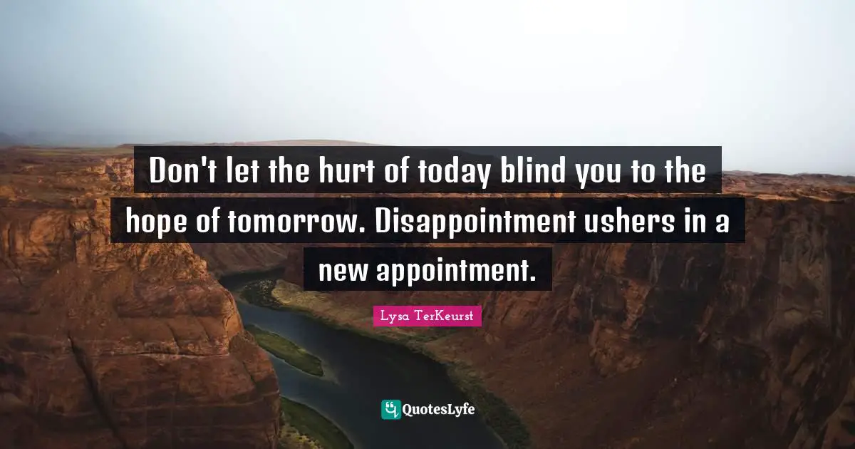 Don't let the hurt of today blind you to the hope of tomorrow. Disappointment ushers in a new appointment.