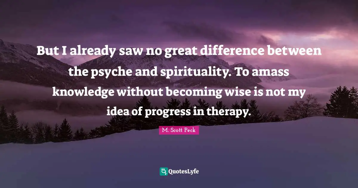 But I already saw no great difference between the psyche and spirituality. To amass knowledge without becoming wise is not my idea of progress in therapy.