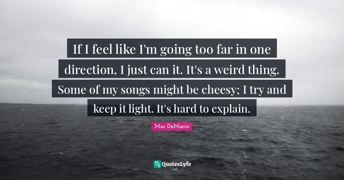 If I feel like I'm going too far in one direction, I just can it. It's a weird thing. Some of my songs might be cheesy; I try and keep it light. It's hard to explain.