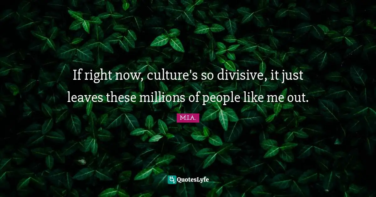 If right now, culture's so divisive, it just leaves these millions of people like me out.