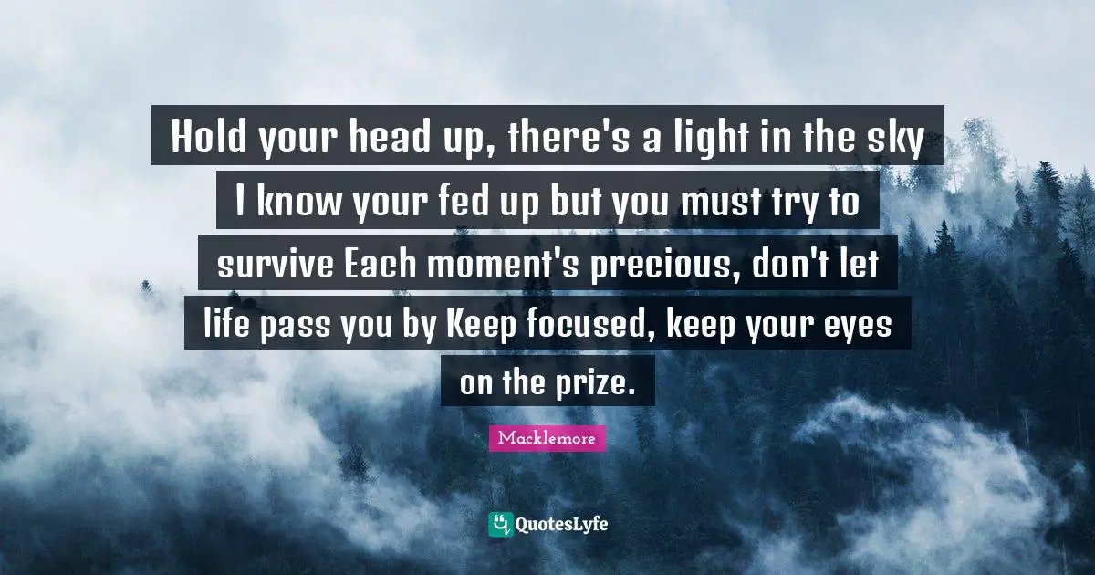 Prize Quotes: "Hold your head up, there's a light in the sky I know your fed up but you must try to survive Each moment's precious, don't let life pass you by Keep focused, keep your eyes on the prize."