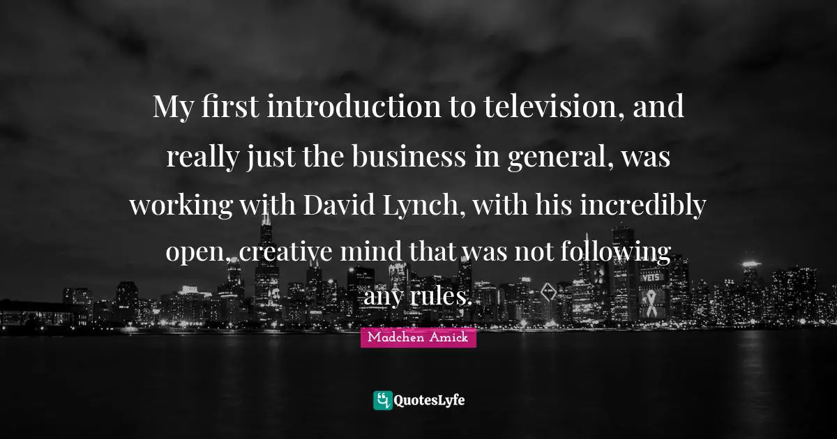 My first introduction to television, and really just the business in general, was working with David Lynch, with his incredibly open, creative mind that was not following any rules.