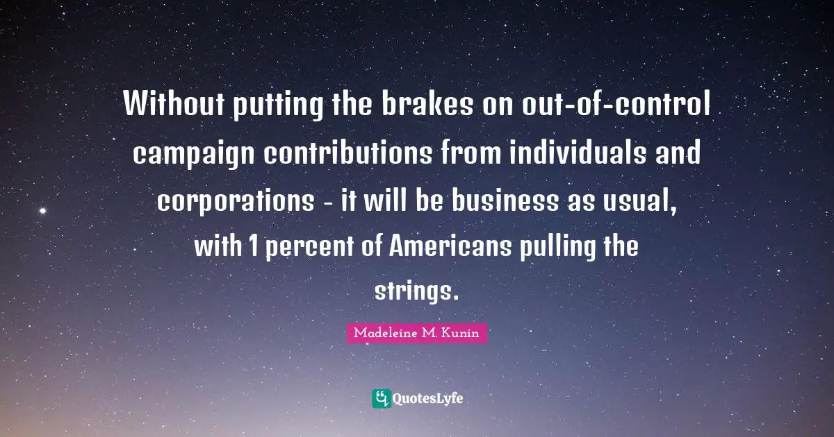 Without putting the brakes on out-of-control campaign contributions from individuals and corporations - it will be business as usual, with 1 percent of Americans pulling the strings.